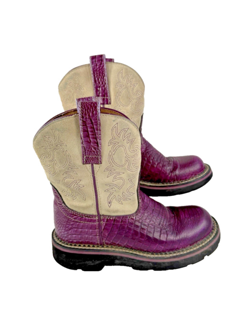Ariat Fatbaby PURPLE CROC PRINT & CREAM Leather Mid Calf Boots Size 6B